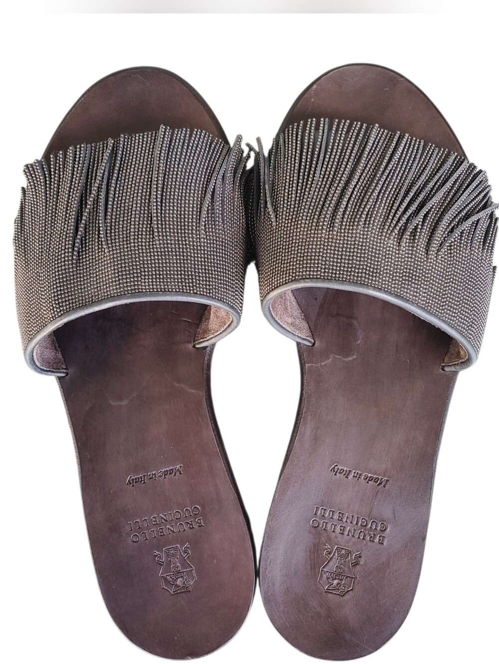 Brunello Cucinelli Monili Beaded Fringe Slide Sandal In Graphite Black (EUR 36)